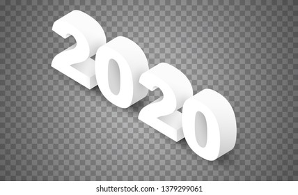 3d realistic vector white number 2020 on transparent background in isometric view. Happy new year design concept. Minimalistic trendy illustration for branding banner, cover, poster, card.