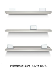 3d realistic vector white supermarket shelves on white background with price tags or signs.