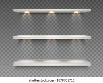 3d realistic vector white supermarket shelves on transparent background with spot light.
