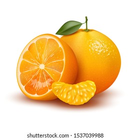 3d realistic vector of whole orange, sliced orange leaves. Editable handmade mesh