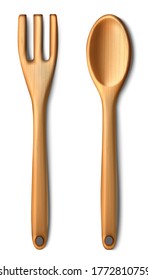 3d realistic vector wooden cutlery, isolated on white background.