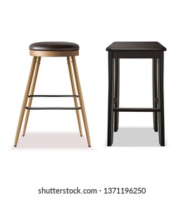 3d realistic vector wooden and leather  bar or restaurant stools front view. Isolated on white background. 