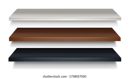 3d realistic vector wooden shelf in brown and black, white color in perspective.