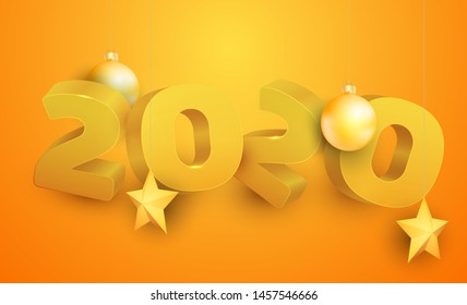 3d realistic vector yellow number 2020. Happy new year design concept. Minimalistic trendy illustration for branding banner, cover, poster, card.