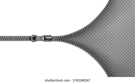 3d realistic vector zipper, open background. Illustration on transparent background.