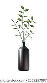 3d realistic vetor icon illustration. Black vase with green leavs, plant for home decor. Isolated. 