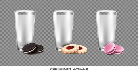 3d realistic vetor icon set. Glasses of milk with different types of cookies. Chocolated, linzer cookie, macaroon cookie. 