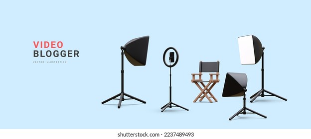 3d realistic video blogger concept banner. Place for work with floodlight, chair and phone on tripod with light bulb and spotlight. Vector illustration