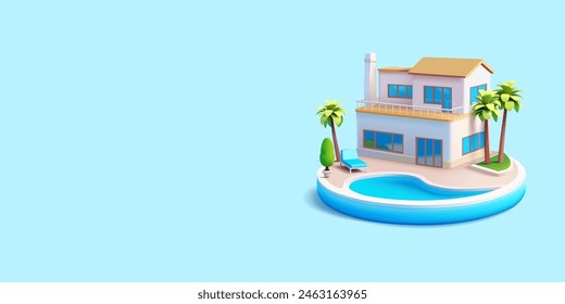 3D realistische Villa, Haus mit Pool und Palmen. Banner für Freizeit-, Urlaubs-, Wochenend- und Sommerwerbekonzepte. Werbung für Immobilienangebote und Verkäufe. Vektorillustration