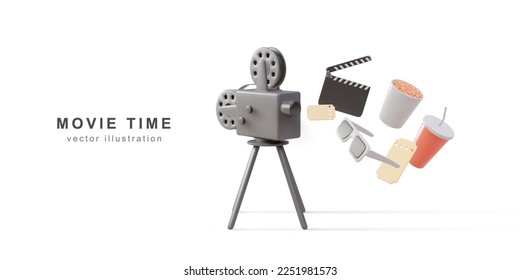 3d realistic Vintage camera. drink, snacks, glasses, ticket and clapperboard. Vector illustration.