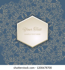 3D realistic vintage frame on blue ornate background. Advertisement banner design template. Invitation or greeting card in oriental style. Vector illustration