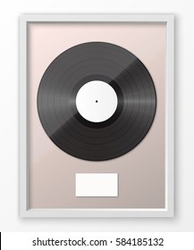 3D realistic vinyl record and label in glossy frame. Single album disc award. Vector illustration
