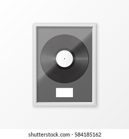 Registro y etiqueta de vinilo realistas en 3D en marco brillante. Premio de disco de un solo álbum. Ilustración del vector