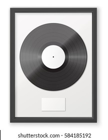 3D realistic vinyl record and label in glossy frame. Single album disc award. Vector illustration