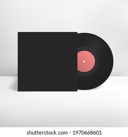 3d realistic vinyl record in sleeve mockup. Blank black mock up vector illustration.
