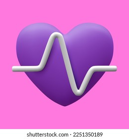 3d realistic violet heart with white pulse for medical apps and websites. Medical healthcare concept. Heart pulse, heartbeat line, cardiogram. Vector illustration