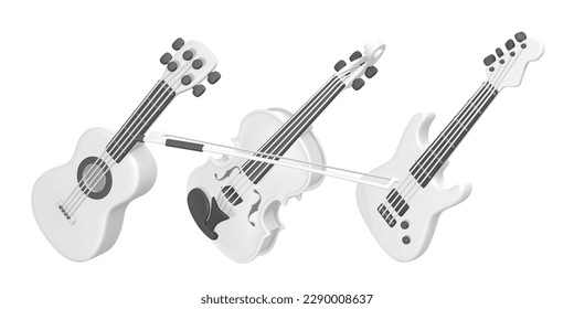 3d realistic violin, electric and acoustic guitar for music concept design in plastic cartoon style. Vector illustration.