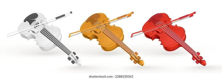 3d realistische Violine für Musikkonzeption im Plastikkarikaturenstil. Vektorgrafik.