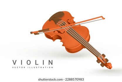 3d realistische Violine für Musikkonzeption im Plastikkarikaturenstil. Vektorgrafik.