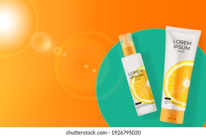 Fondo De Botella De Crema Naranja De Vitamina C Realista 3D. Plantilla de diseño de productos cosméticos de moda. EPS10 de ilustración vectorial