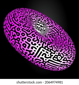 3D realistic volumetric torus with touring pattern. Cool modern abstract vector shape. Minimalism and minimal art print. Posters and covers.