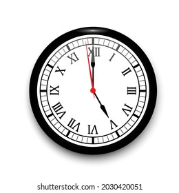 3d realistic wall clock. Watch symbol. Vector clock hanging on the wall. Vintage background. Vector illustration. Stock image