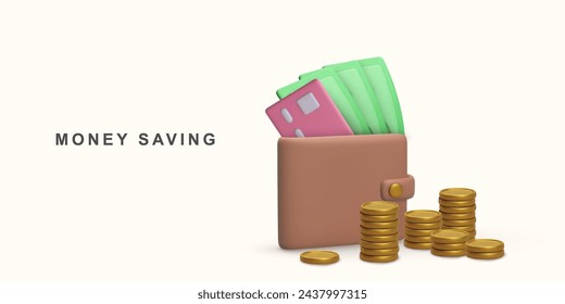 3d Realistic wallet cash bank card and coins. Vector illustration.