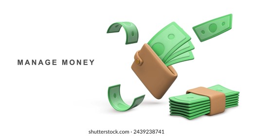 3d Realistic wallet cash and flying money. Vector illustration.