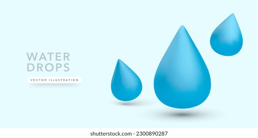 3d realistic water drops with shadow isolated on light blue background. Vector illustration