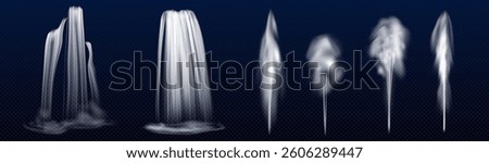 3d realistic waterfall cascade set on dark background. Falling water streams, splashes and jets. Transparent liquid elements collection for graphic design. White shiny fluid fountains isolated.