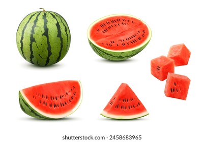 3d realistic watermelon fruit, whole and slice, piece and cube. Isolated vector large, green, refreshing striped fruit orb, dice and cuts reveal its succulent, juicy, red flesh dotted with black seeds