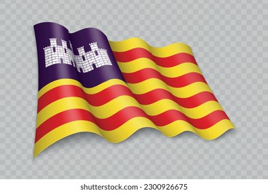 3D Realistic waving Flag of Balearic Islands is a region of Spain on transparent background