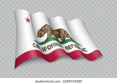 3D Realistic waving Flag of California is a state of United States on transparent background