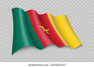 Bandera ondulante realista 3D de Camerún sobre fondo transparente