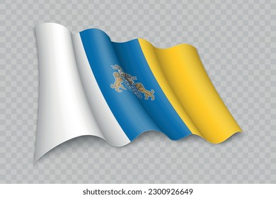 3D Realistic waving Flag of Canary Islands is a region of Spain on transparent background