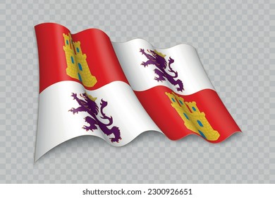 3D Realistic waving Flag of Castile and Leon is a region of Spain on transparent background