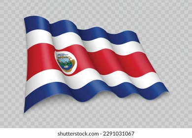 3D-realistische schwingende Flagge Costa Ricas auf transparentem Hintergrund