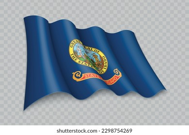 3D Realistic waving Flag of Idaho is a state of United States on transparent background