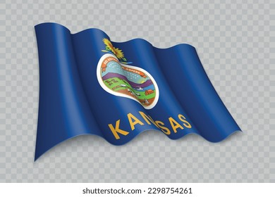3D Realistic waving Flag of Kansas is a state of United States on transparent background