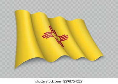 Bandera ondulada realista 3D de Nuevo México es un estado de Estados Unidos con trasfondo transparente