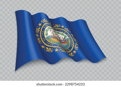 3D Realistic waving Flag of New Hampshire is a state of United States on transparent background