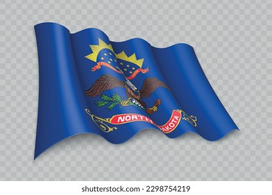 3D Realistic waving Flag of North Dakota is a state of United States on transparent background