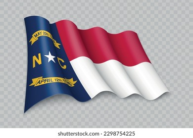 3D Realistic waving Flag of North Carolina is a state of United States on transparent background