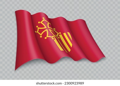3D Realistic waving Flag of Occitanie is a region of France on transparent background