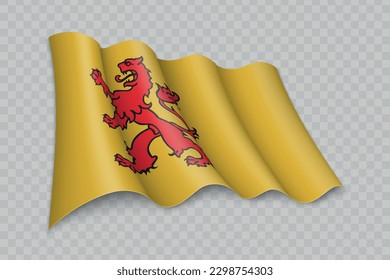 3D Realistic waving Flag of South Holland is a state of Netherlands on transparent background