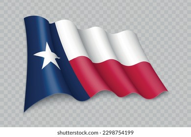 3D Realistic waving Flag of Texas is a state of United States on transparent background