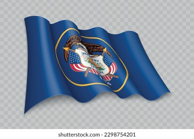 3D Realistic waving Flag of Utah is a state of United States on transparent background