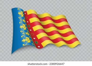 3D Realistic waving Flag of Valencia is a region of Spain on transparent background