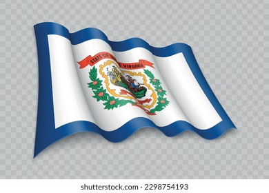3D Realistic waving Flag of West Virginia is a state of United States on transparent background