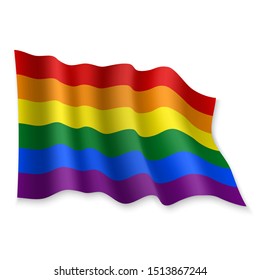 3D Realistic Waving Rainbow Flag Of LGBT Pride On White Background